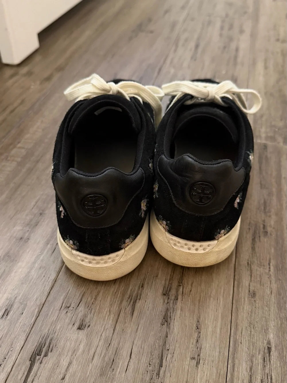 Tory Burch Black Suede Floral Embroidered Sneakers with Cream Laces